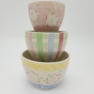 Longaberger Pottery Nesting Bowls Easter Pastel Floral 3 Pc Set Dishwasher Safe